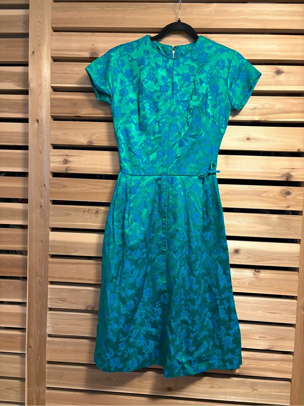 Vintage Green Blue Floral Fit-and-Flare Satin Brocade Dress